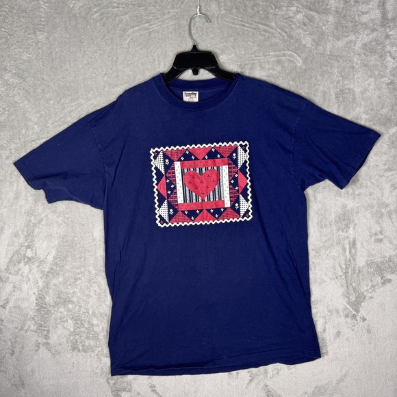 Oneita Other - Vintage Oneita Shirt Mens 2XL Blue Patchwork Heart Quilt Graphic Made USA 90s